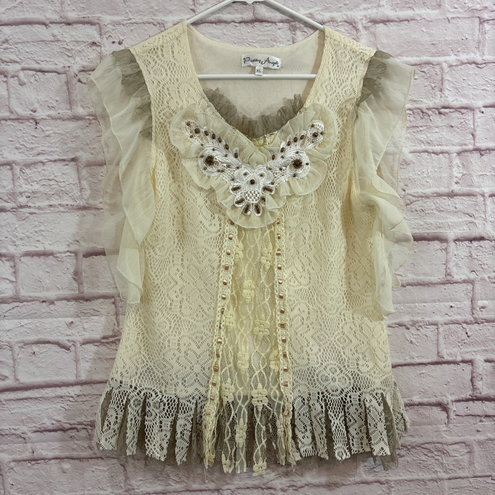 Pretty Angel Womens XL Linen Lace Ruffle Top Boho Fairy Grunge Whimsical Crochet