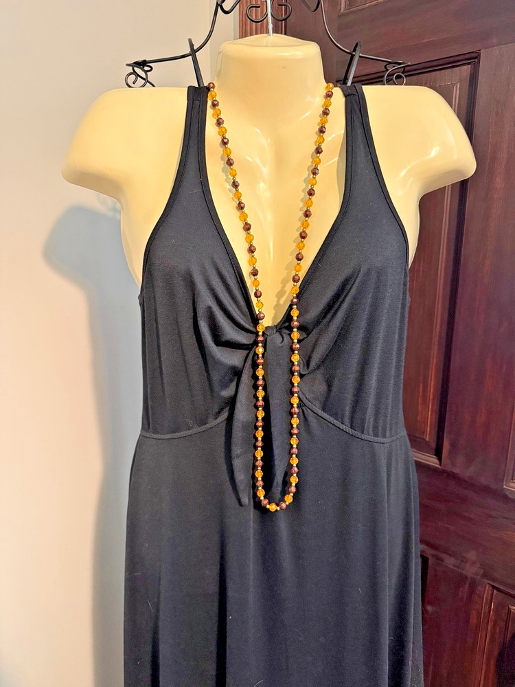 Vintage Amber & Burgundy Faceted Bead Necklace Long Double Strand Gold Tone Spac