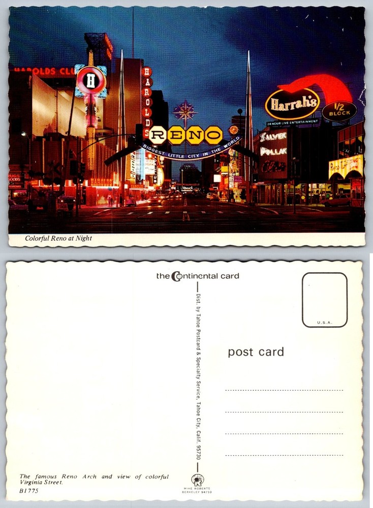 Vintage Reno Arch Virginia Street Night View Postcard Harolds Club Harrah's