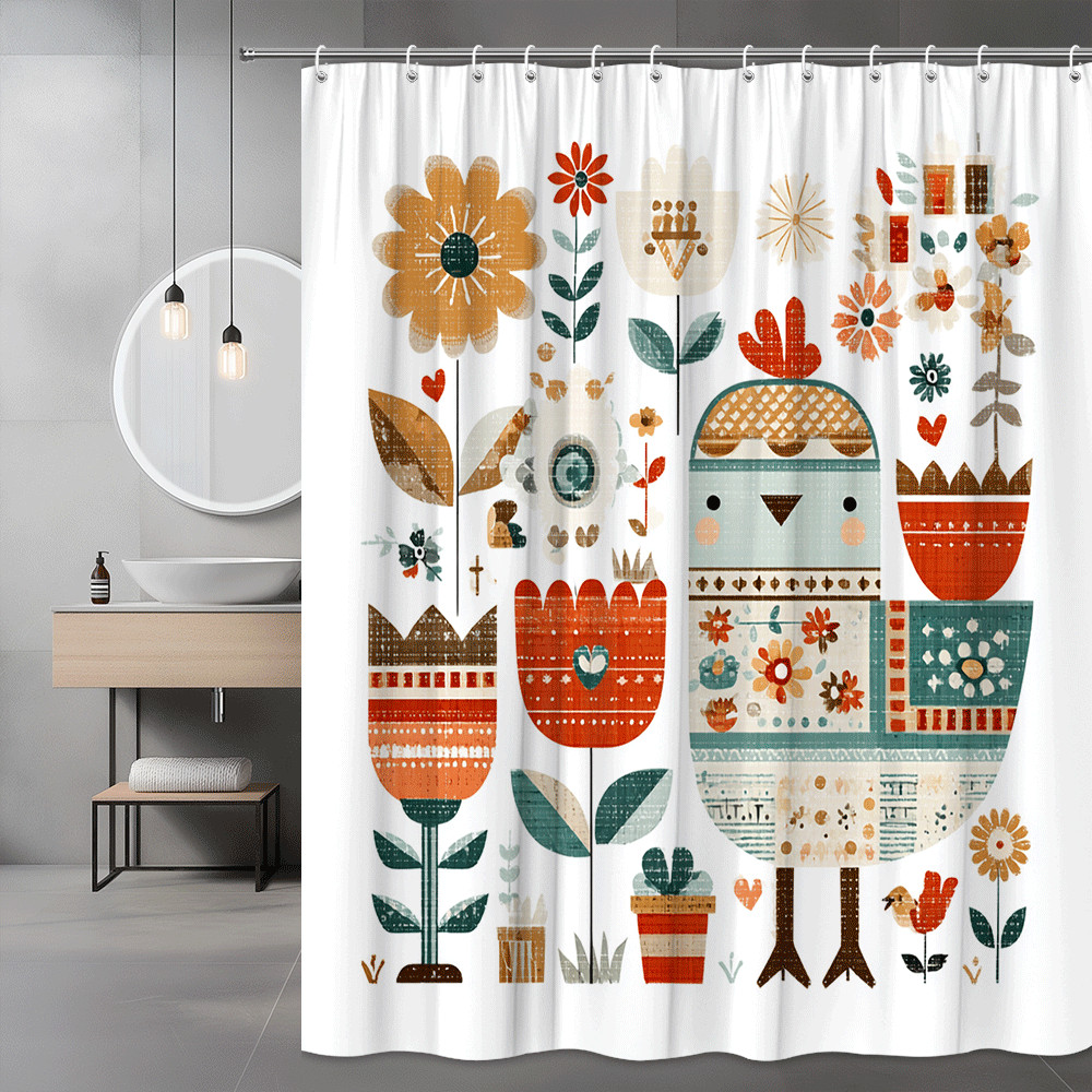Boho Floral Bird Shower Curtain Retro Folk Art Print