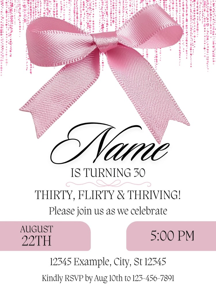 Digital Pink Ribbon Bow Coquette Birthday Party Invitation Personalized Texts 1
