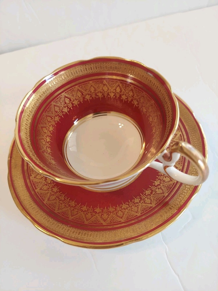 Vintage Aynsley England Romney Ruby Red Raised Gold Tea Cup & Saucer