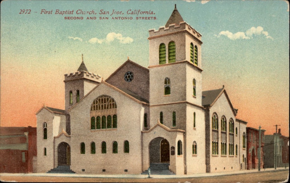 San Jose California First Baptist church bell tower ~ 1913 vintage postcard