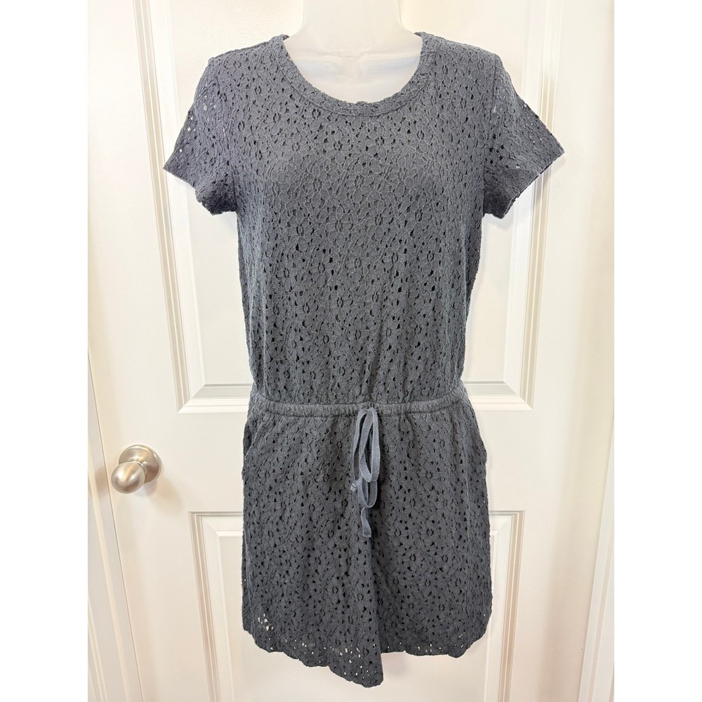 Lou & Grey Loft Black Eyelet Lace Romper Short Sleeve Drawstring Waist Small S