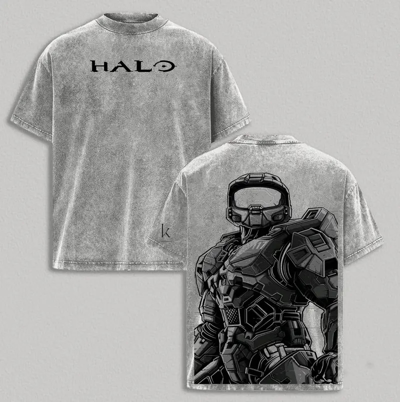 Halo Master Chief Graphic T-Shirt - Vintage Acid Wash Mineral Wash Tee - Premium
