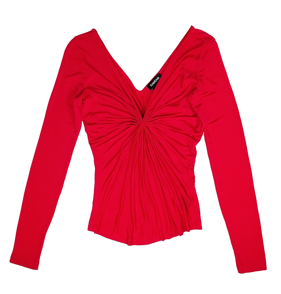 Bebe Top XS Pleated Front Fitted Stretch V Neck Long Sleeve Red