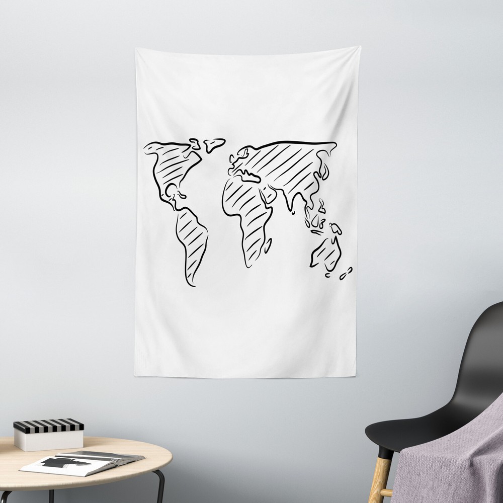 World Map Tapestry Sketch Outline Artful Print Wall Hanging Decor