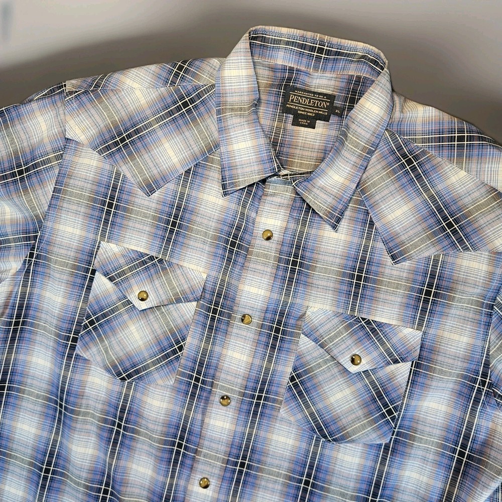 Pendleton Shirt Men's XL Blue Plaid Frontier Western Pearl Snap Rodeo Button Up