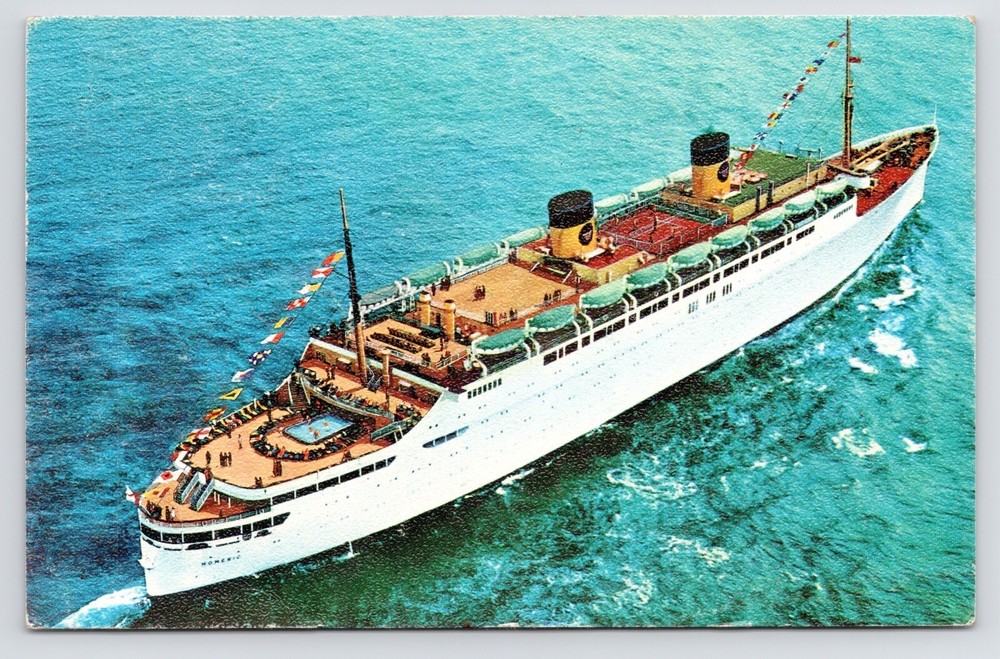 c1970s S.S. Homeric Home Lines Italy Cruise Ship Aerial View Ocean Postcard