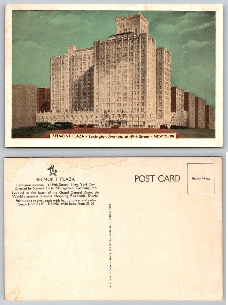 Vintage Belmont Plaza Hotel New York City Postcard Lexington Ave 49th St NYC