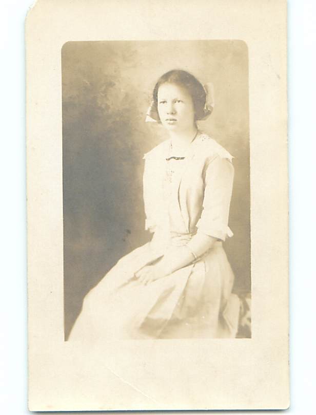 Pre-1918 rppc PRETTY GIRL WITH BOW IN HAIR IN WHITE DRESS : make an offer r5820