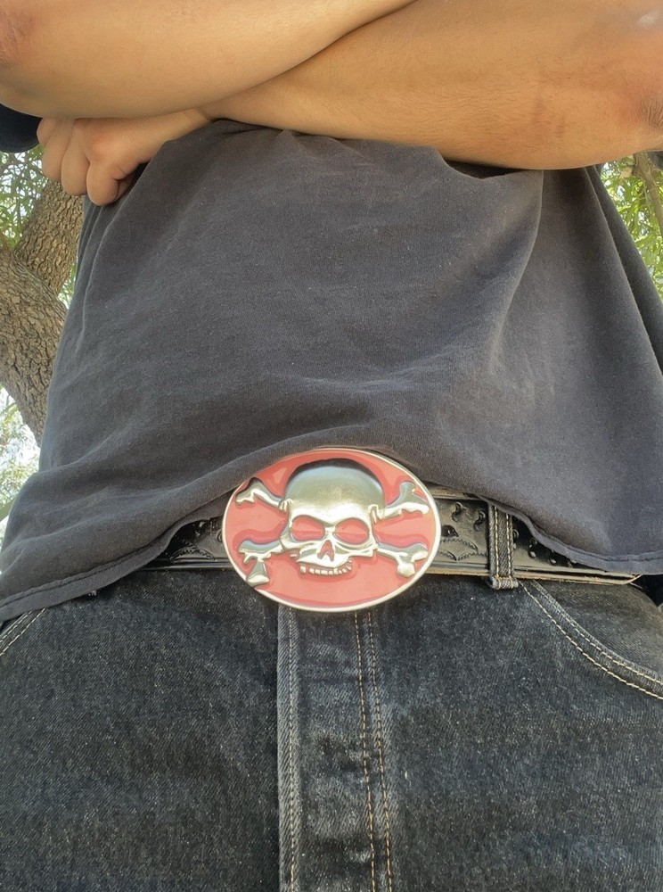 Vintage Y2K Hot Pink And Silver Skull Bones Belt Buckle Grunge Goth Skater