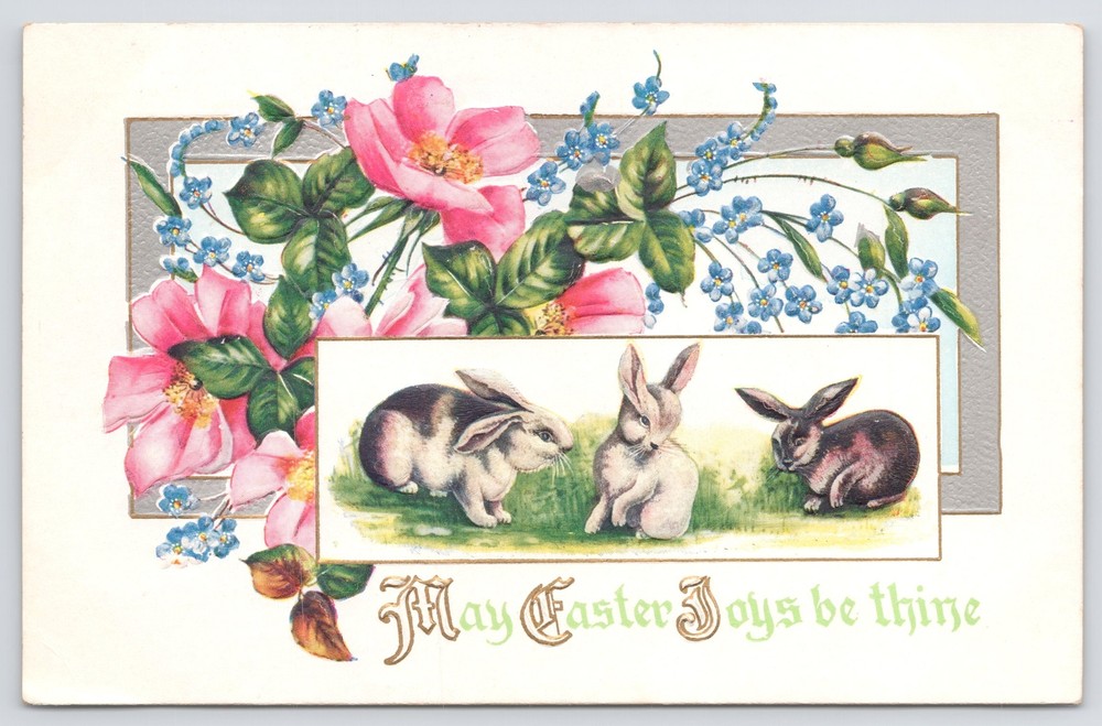 Holiday~May Easter Joys Be Thine~Rabbits~Pink & Blue Flowers~PM 1911 Postcard