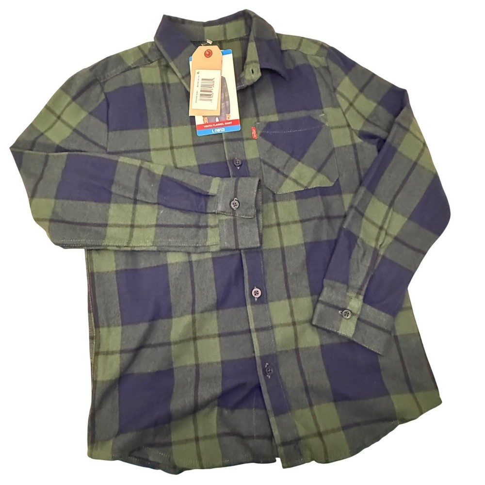 Levis Youth Flannel Shirt Green Navy Blue Plaid Boys Size L 10/12 NWT