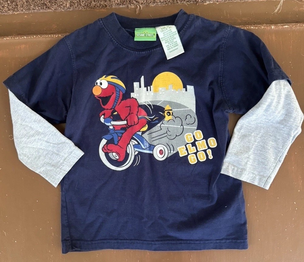 2005 Sesame Street Elmo Riding A Bike Long Sleeve Shirt - Kids 4T