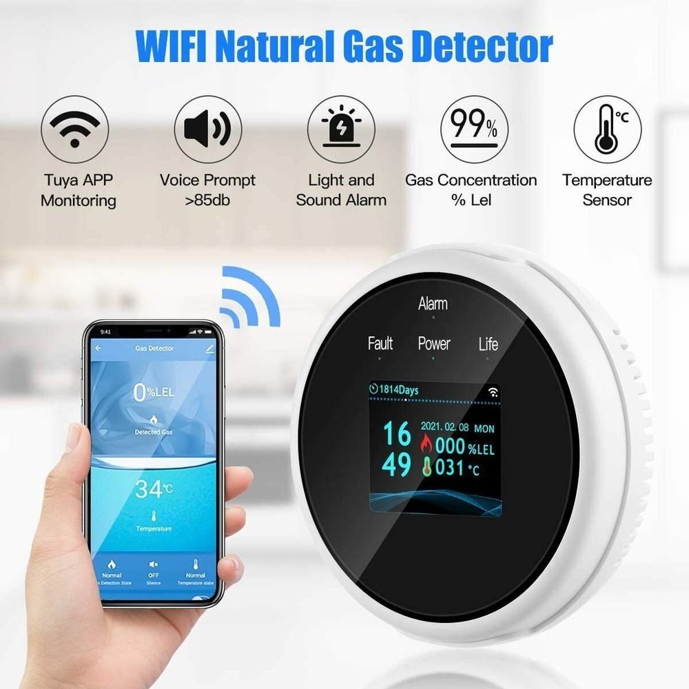 Gas Leak Detector WiFi Smart Natural Gas Leak Detector LCD Display APP Alarm NEW