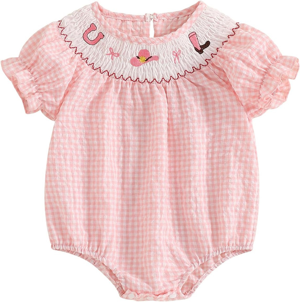 Baby Girl Smocked Western Romper Short Sleeve Bubble Rompers Summer Clothes Plai