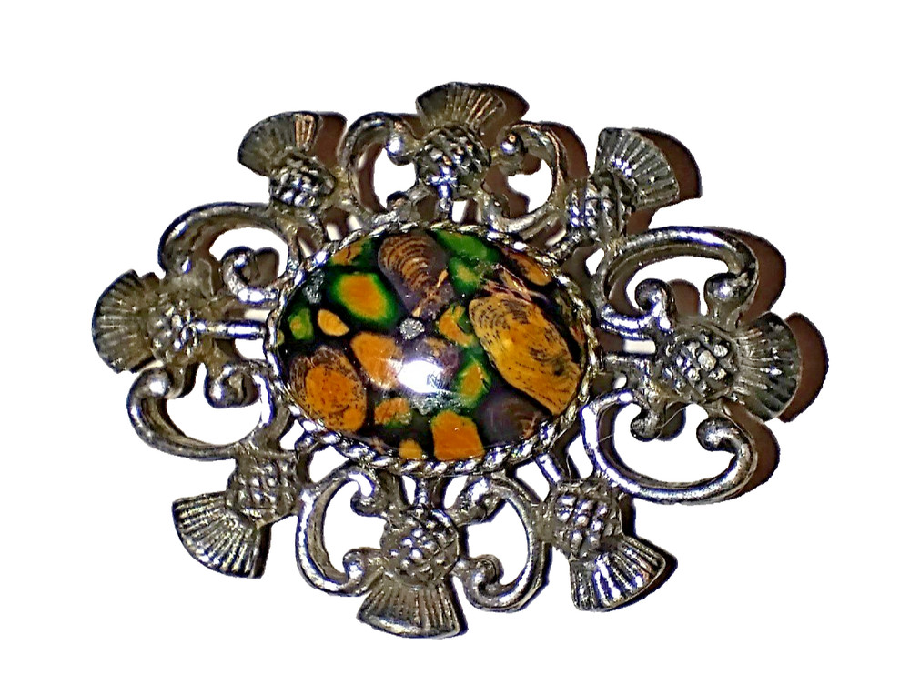 Vintage Celtic Scottish Thistle Brooch Pin Pewter Oval Multicolor Cabochon