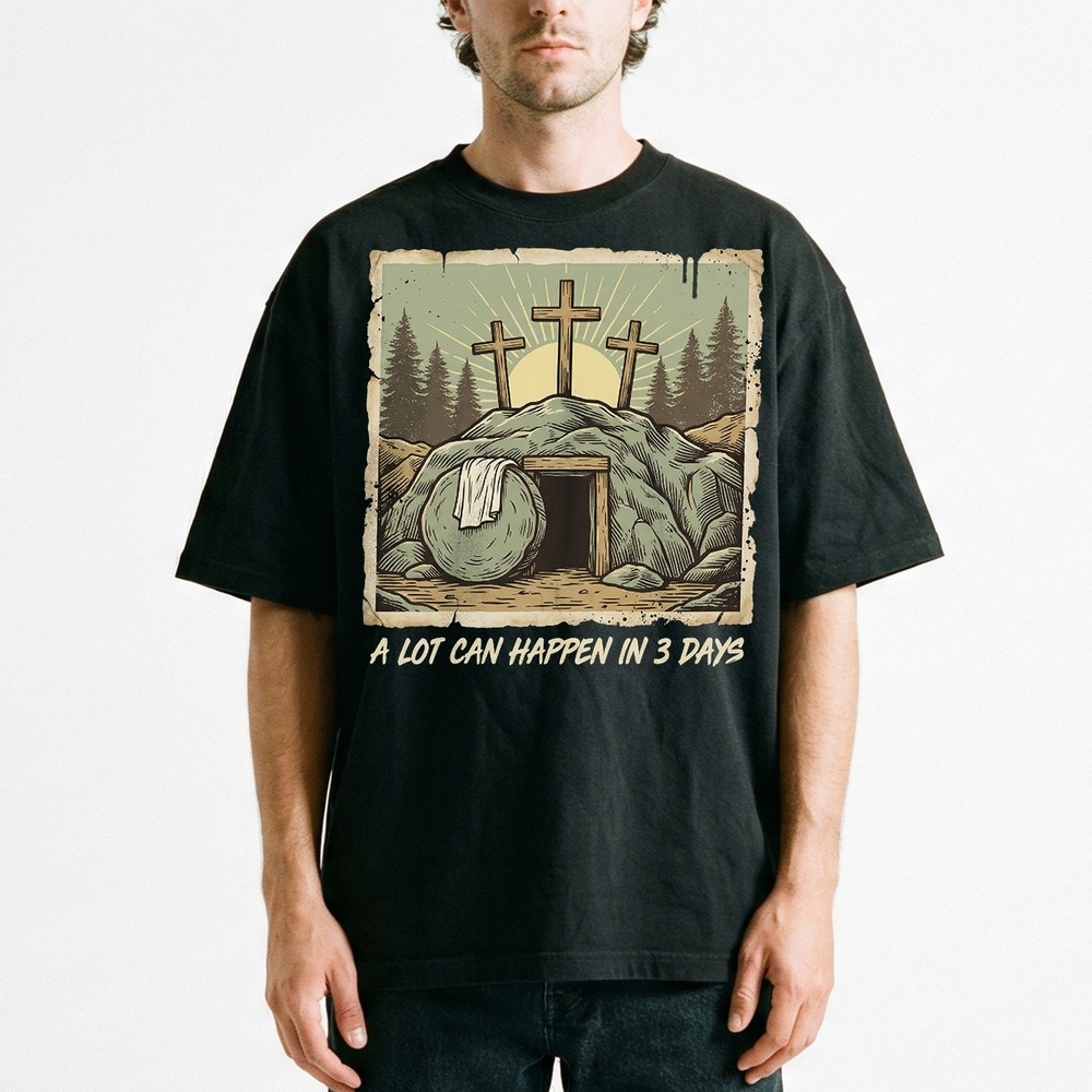 Resurrection Three Crosses Easter T-Shirt Christian Faith He Is Risen Tee