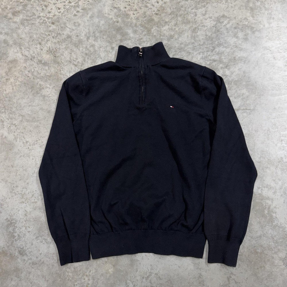 Tommy Hilfiger Sweater Mens Medium Navy 1/4 Zip Mock Neck Knit Pullover Logo