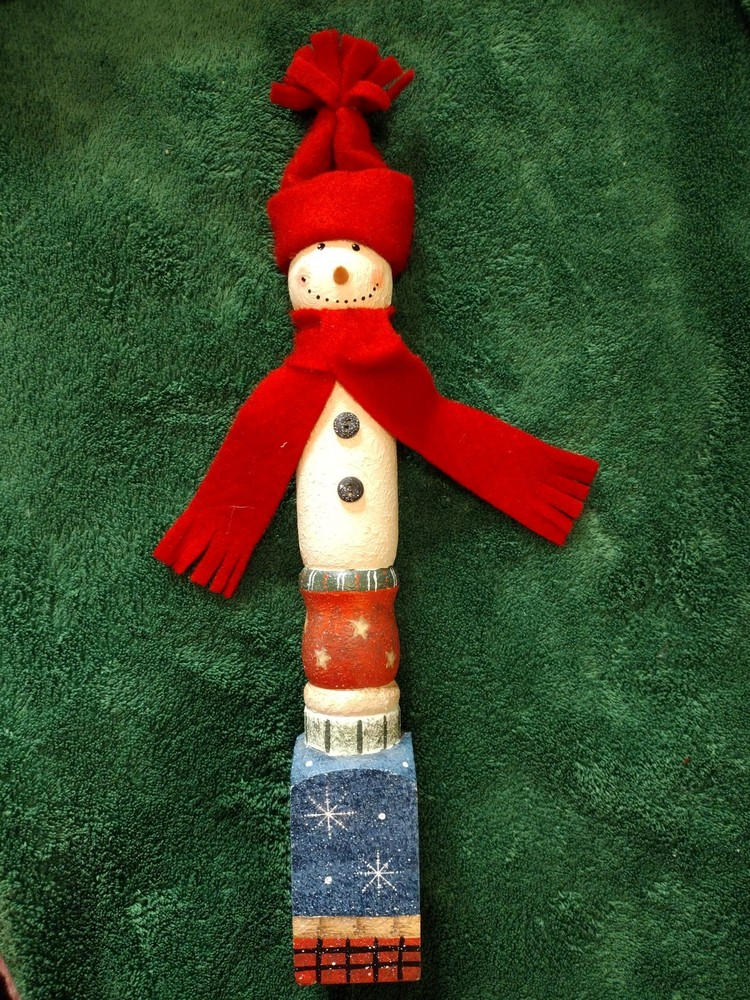 Vintage Wooden Turned Leg Christmas Snowman With Scarf Home Decor