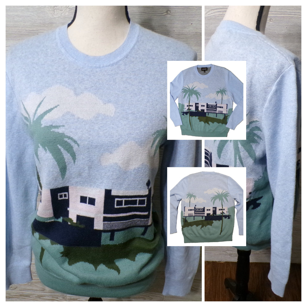 BONOBOS Limited Edition Golf Sweater M 2 Sided Palm Trees House Abstract VTG y2k-image