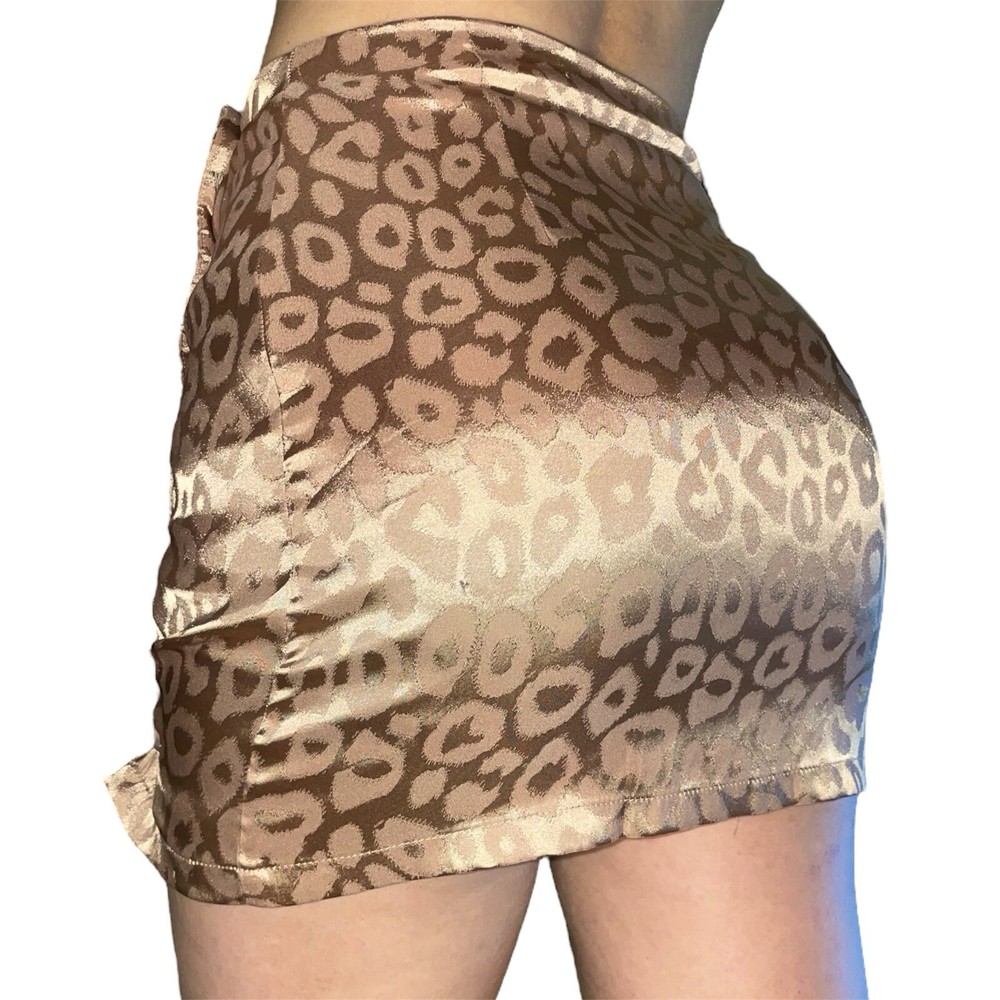 Mini Skirt Sexy Brown And Cream Leopard Print Buttons On The Side Womens Y2K