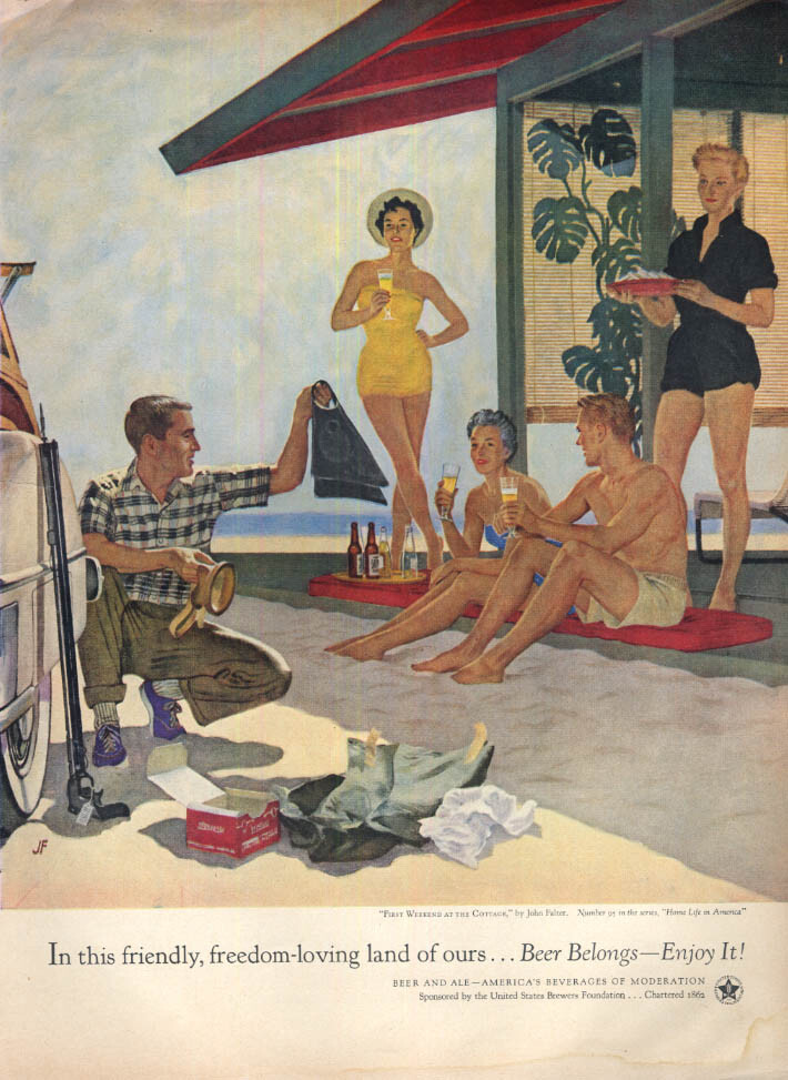 First Weekend at the Cottage by John Falter - 1954 Beer Belongs Ad with Snorkel