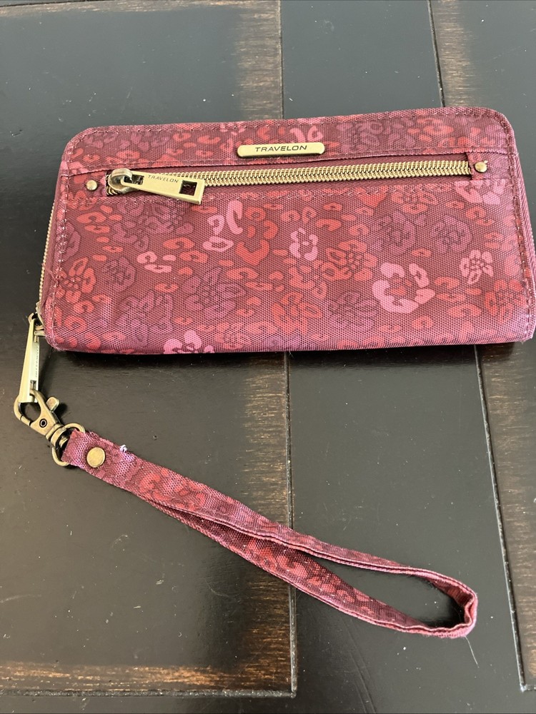 Travelon Maroon Fabric Floral Print Zip Around Wristlet Clutch Wallet
