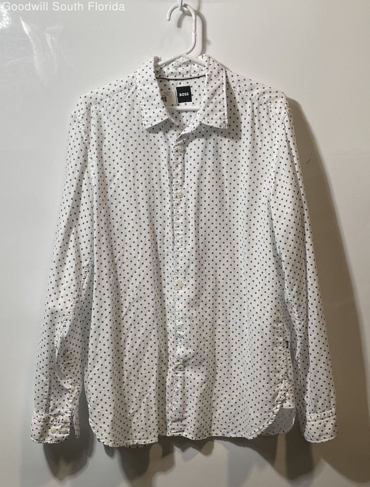 Hugo Boss Mens White Black Slim Fit Long Sleeve Collared Button-Up Shirt Size L