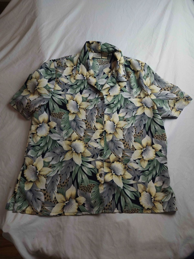 Allison Daley Shirt Top Womens Size 16 Grey Floral Button Up Hawaiian Resortwear