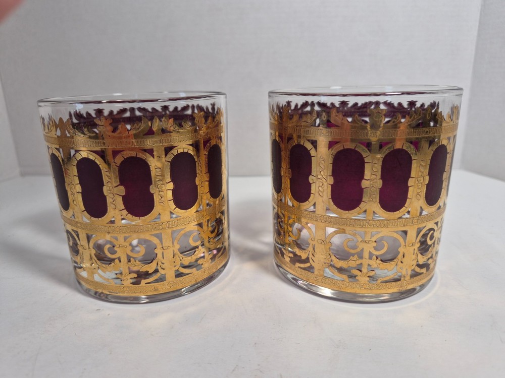 Culver's Cranberry Medallion 22K gold Scroll LowBall Whiskey Glasses lot of 2