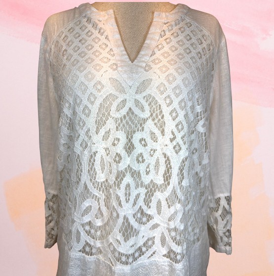 Chico’s 100% Linen Lace Tunic Top White Size 2 L Romantic Cottagecore Angelic