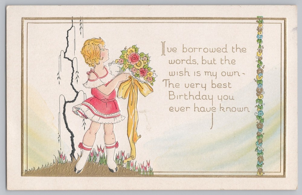 Greetings~Girl With Ribbon & Bouquet Birthday Greeting Poem~Vintage Postcard