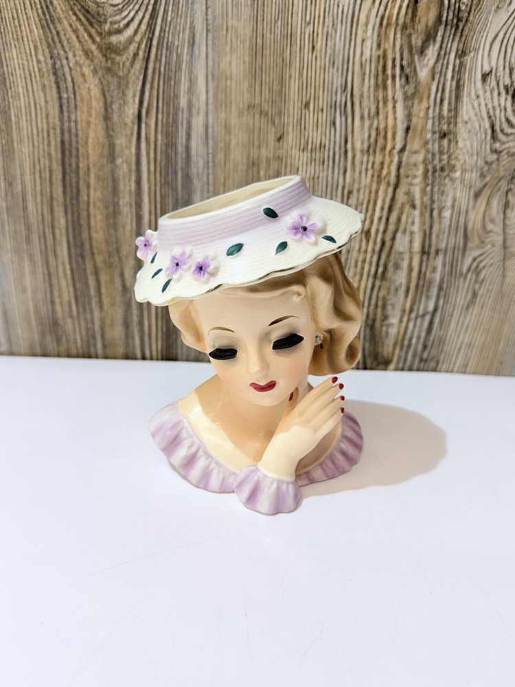 Vintage Lady Head Vase Purple Flowers & Dress No Earrings