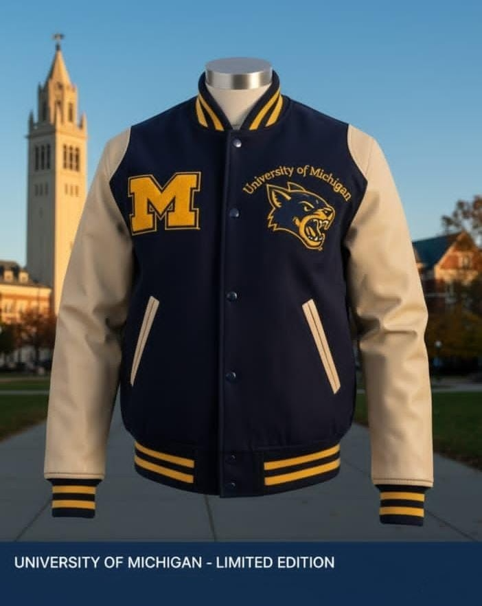 Letterman Handmade University of Michigan Varsity Jacket With Leather Sleeves