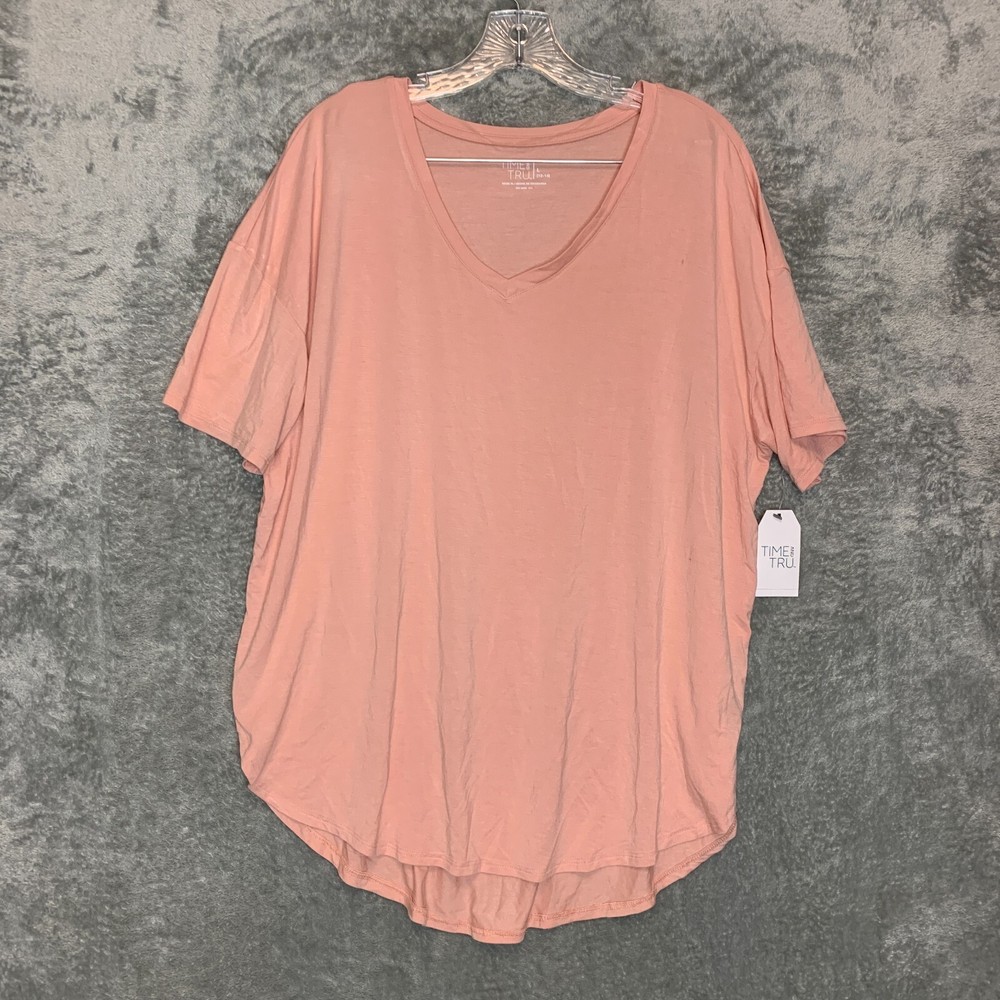 Time Tru Women Coral Pink Stretch Jersey Tunic Short Sleeve Shirt Size L New With Tags