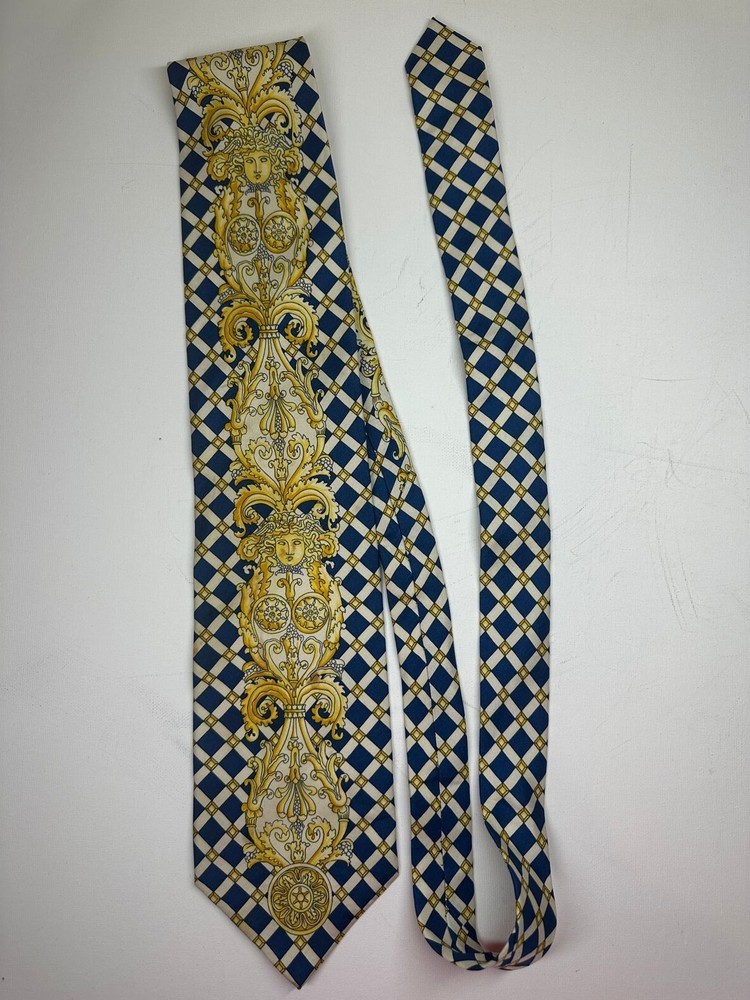 Rare Vintage Gianni Versace Medusa Baroque Blue Gold 100% Silk Tie Italy