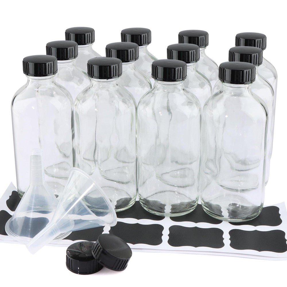 12 Pack 8 oz Clear Glass Bottles, 240ml Boston Round Sample Bottles with Blac...