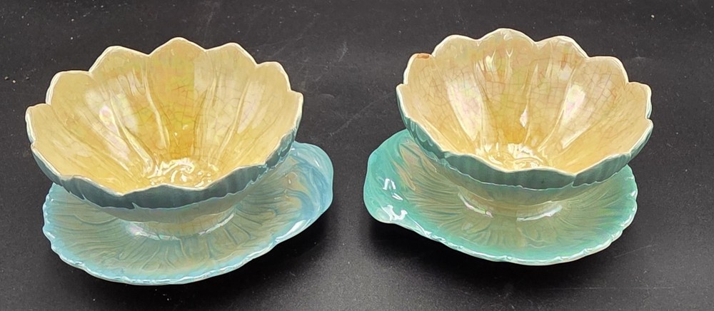2 40's Royal Winton Grimwades Green Yellow Lotus Lily Lusterware Dessert Bowls
