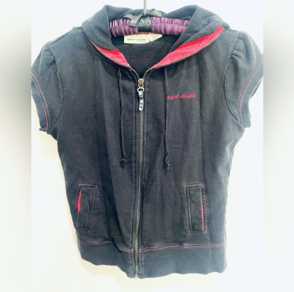 DKNY Jeans Vintage Short Sleeve Zipper Hoodie 100% Cotton, Size Petite Medium