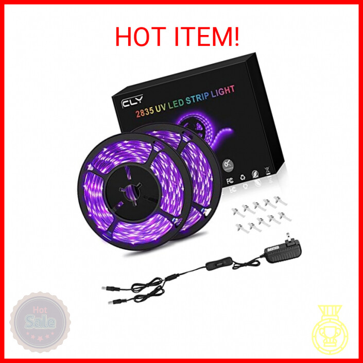 CLY 33ft LED UV Black Light Strip Kit, 600 Units UV Lamp Beads, 12V Flexible Bla