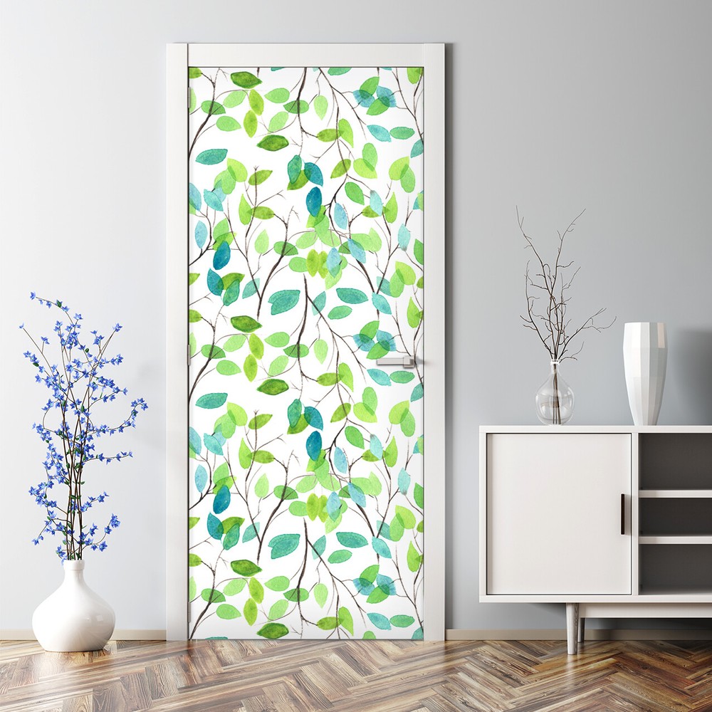 Green Leaves Bubble Free | Delicate Floral Pattern | Seamless pattern Door Decal
