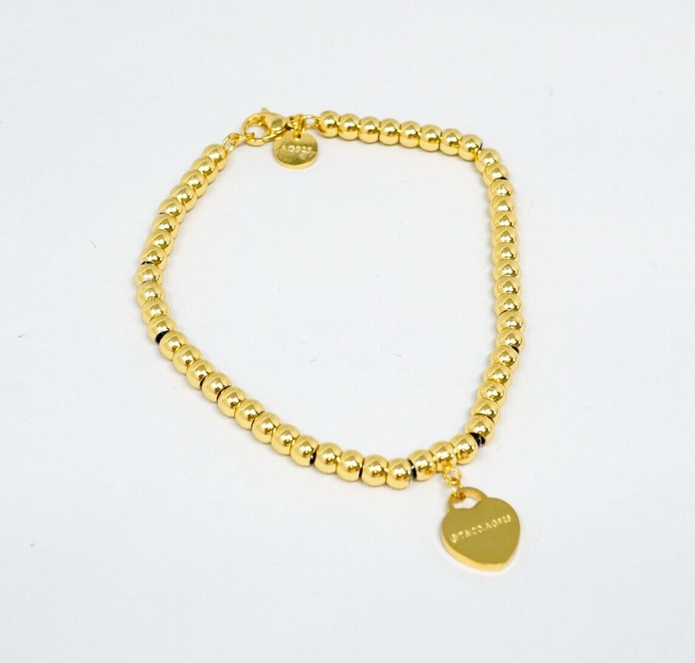 Tiffany & Co. 925 Gold Tone Beaded Link Heart Charm Bracelet 18cm Gift Box Set