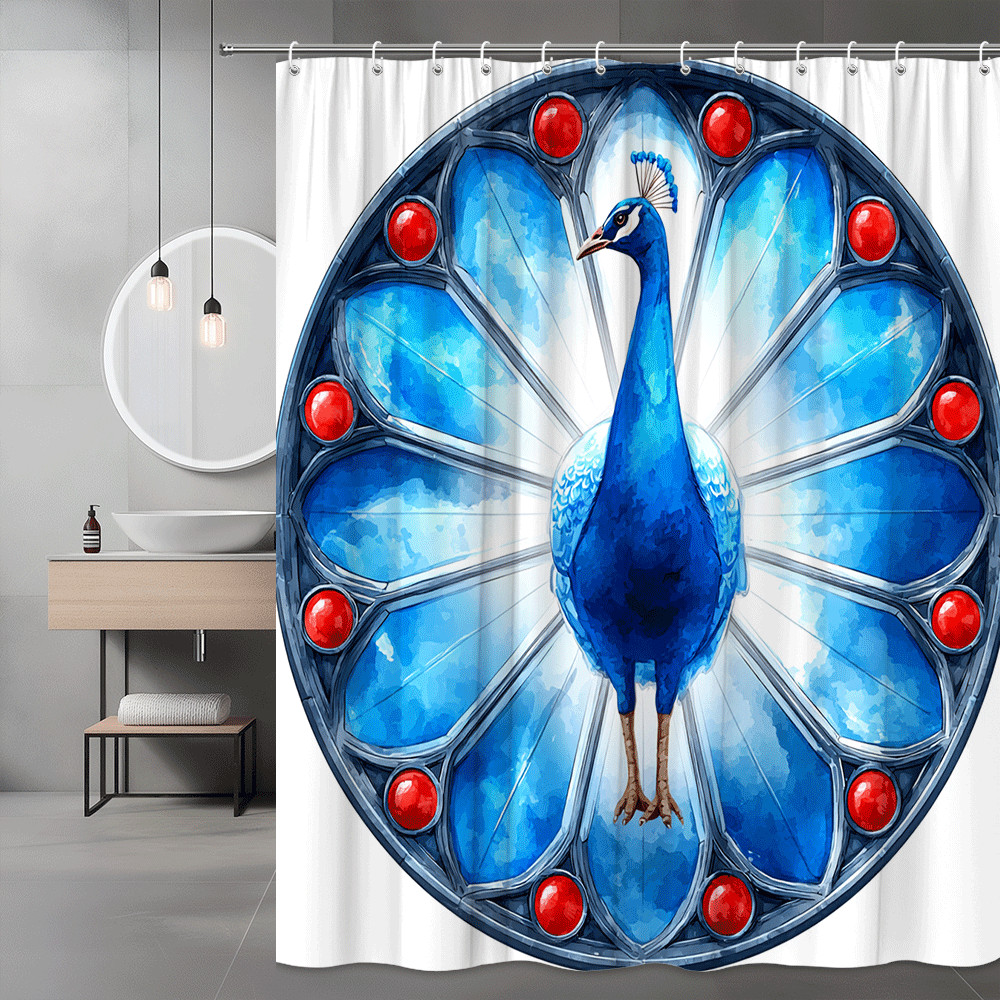 Peacock Blue Stained Glass Style Shower Curtain Round Window Design