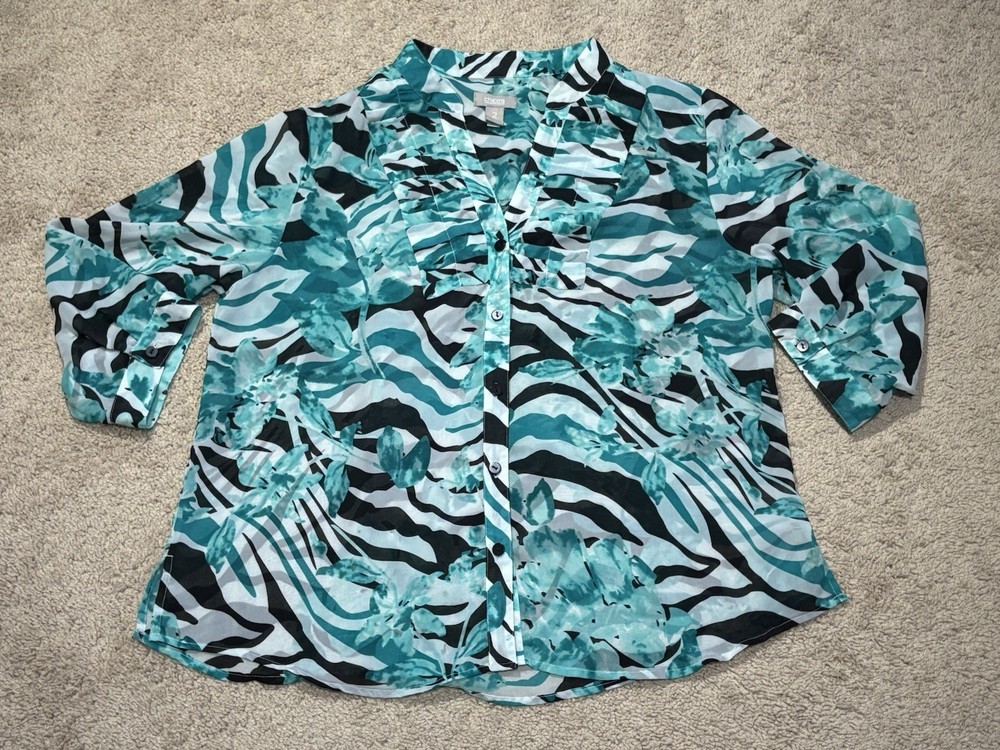 Chico's Womens Shirt Size 2 Multicolor Floral Print Classic Dressy Flowy Comfort