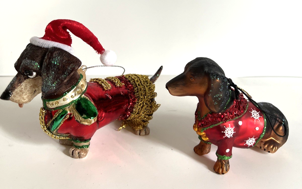 2 Christmas Dachshund Doxie  Holiday Nutcracker Fancy Glitter Outfits Ornaments