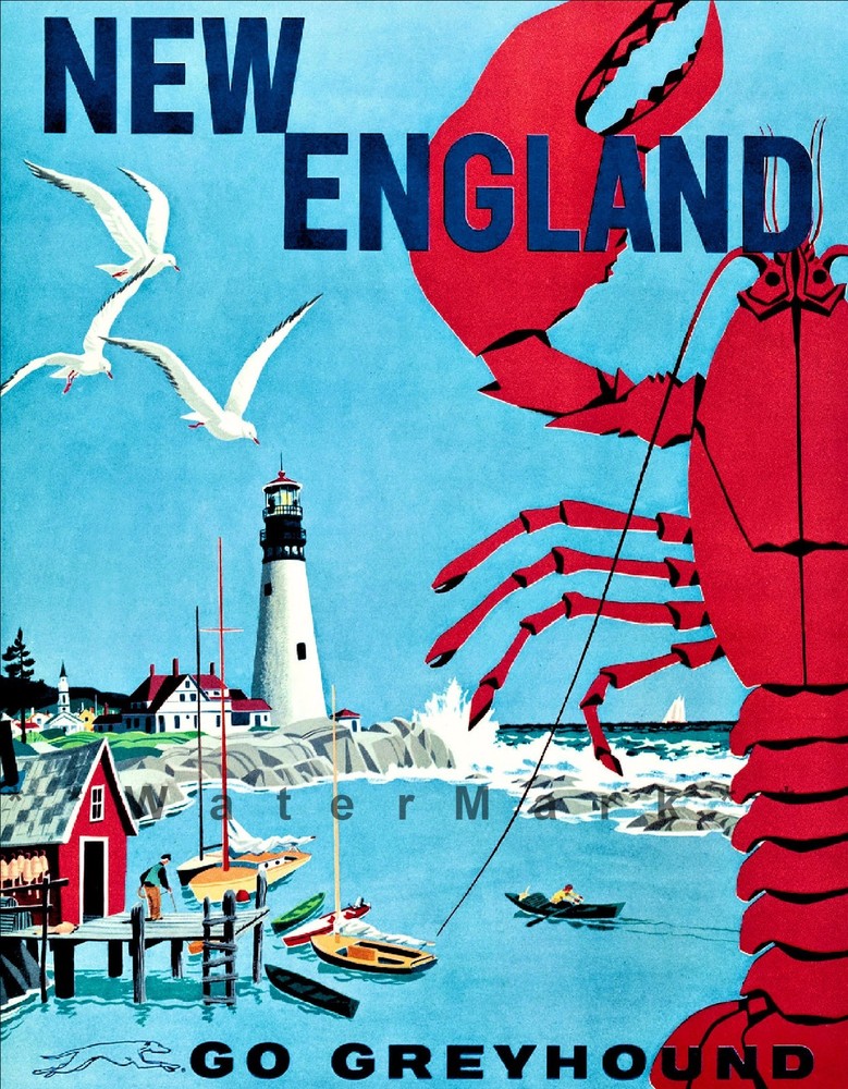 New England 1960 Go Greyhound Vintage Poster Print Lighthouse Lobster Travel