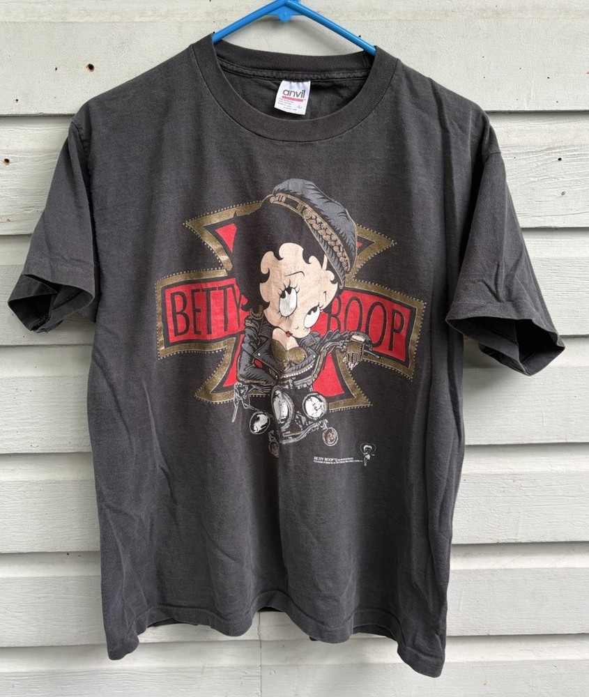 Vintage 90s Betty Boop Biker Chick Motorcycle Black Graphic Shirt Large 1992 USA