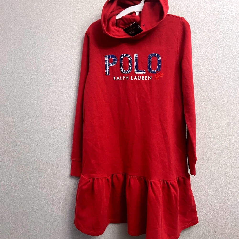 Ralph Lauren Kids Girls Red Polo Logo Fleece Hoodie Dress Size L 12-14 NWT